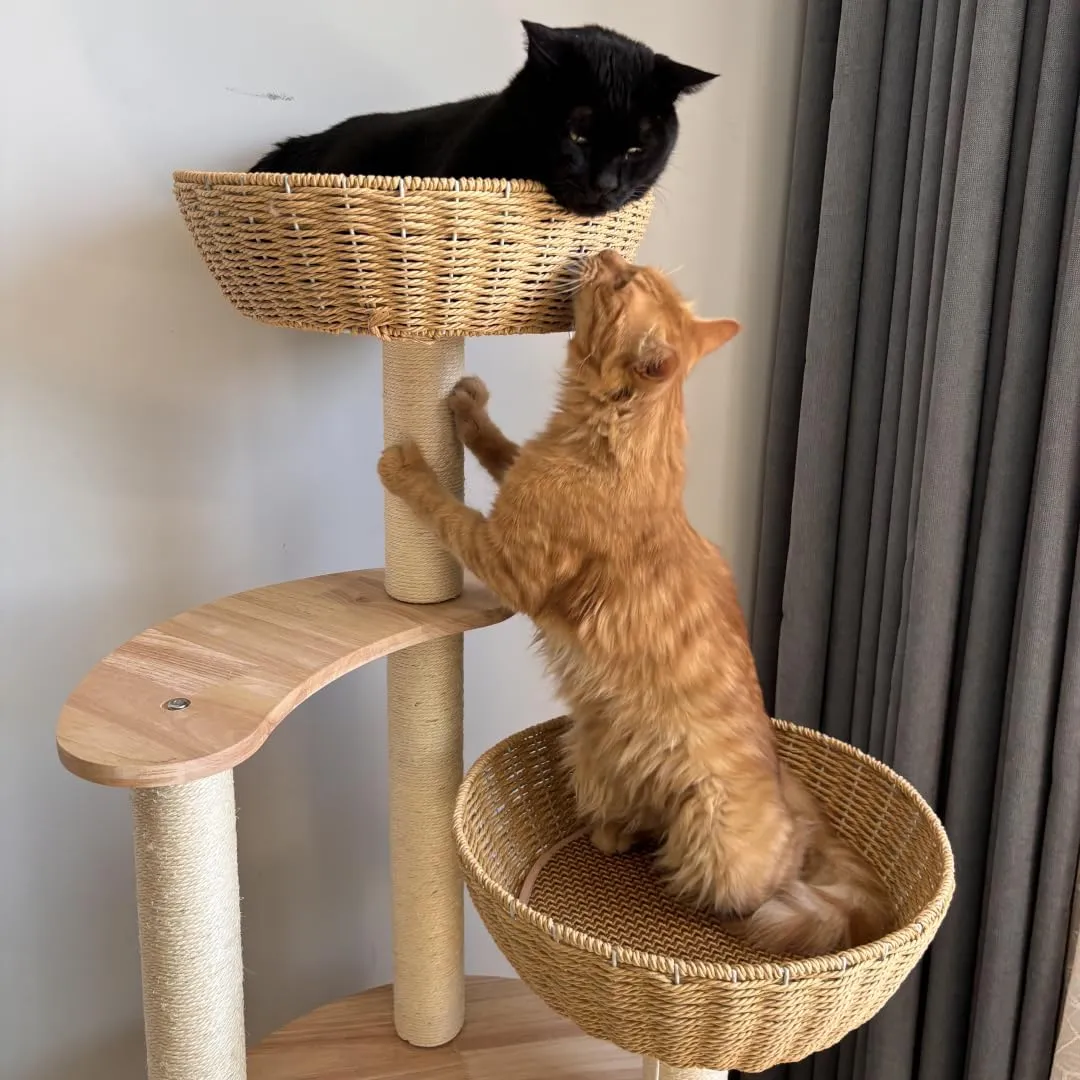 54" Large Modern Cat Trees, Luxury Rattan Oak Solid Wood Cat Trees Towers3 Weaving Cat Nests & Washable Cool Cushions, Sisal Scratching Posts,Cat Condo for Indoor Cats- Wood Wax Oil Version