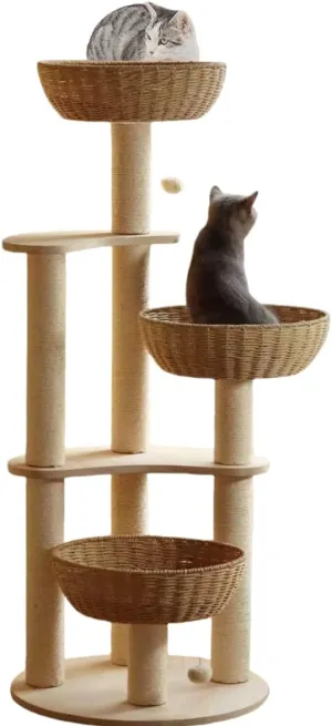 54" Large Modern Cat Trees, Luxury Rattan Oak Solid Wood Cat Trees Towers3 Weaving Cat Nests & Washable Cool Cushions, Sisal Scratching Posts,Cat Condo for Indoor Cats- Wood Wax Oil Version