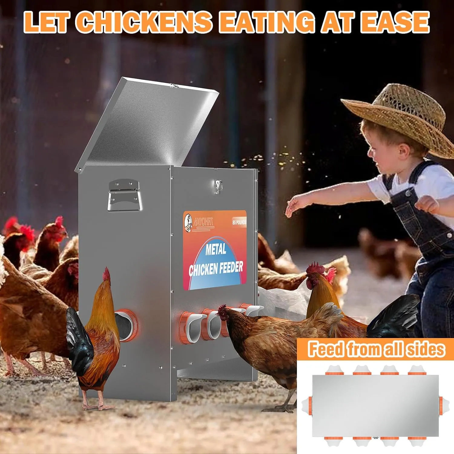 85-120LBS Capacity Chicken Feeder No Waste 10-Ports Automatic Large Poultry Feeder with Latch & Handle for Chickens Bantams Pheasants Poultry Coop Weatherproof