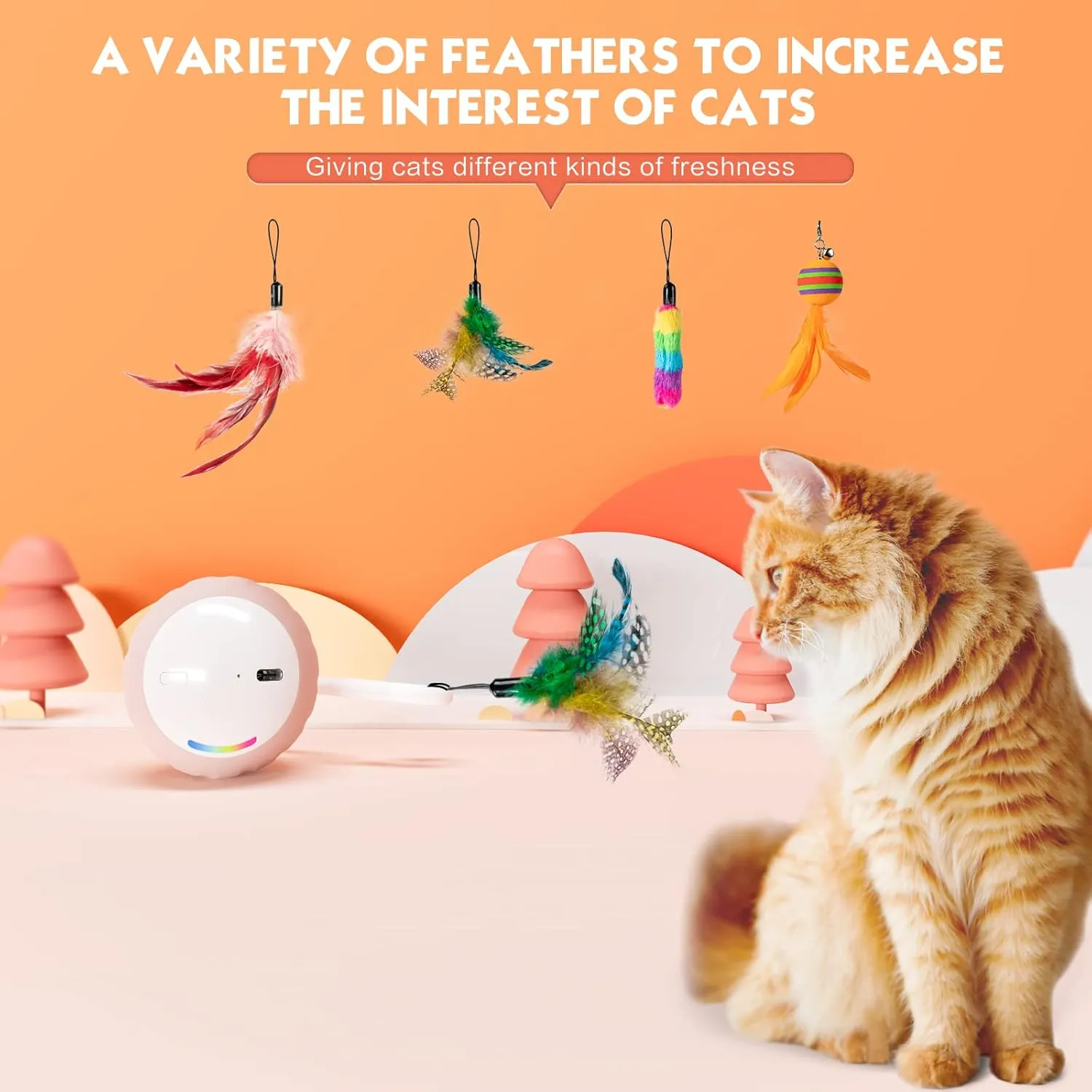 AAA AMUSANG Interactive Cat Ball Toy and Feather Toys Refills for Indoor Cats, Automatic Cat Enrichment Toys - Pink