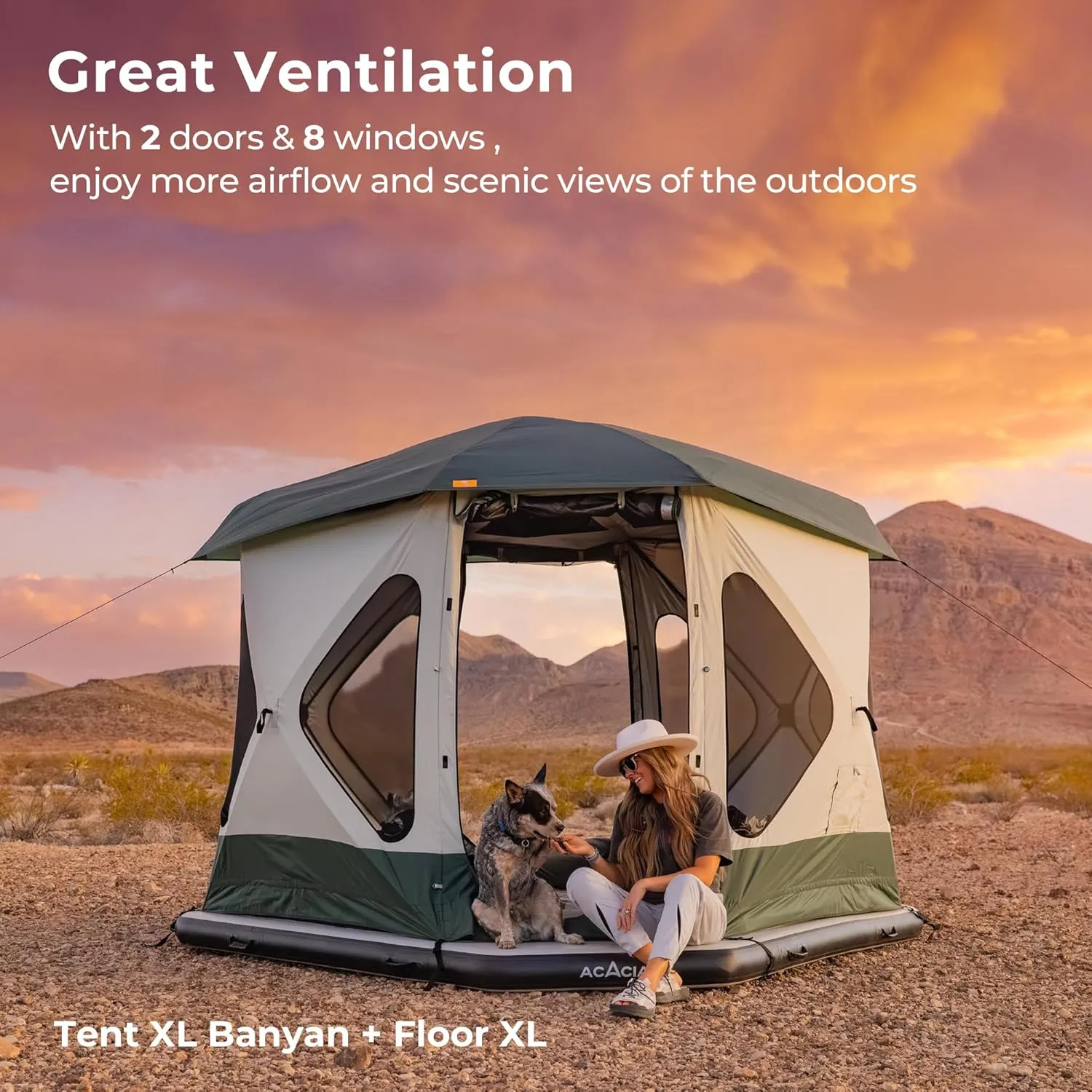 ACACIA Camping Tent, Pop Up Camping Tent with 8 Windows and Footprint, Waterproof Windproof Easy Setup Hub Tent for Family Camping, Hiking and Glamping