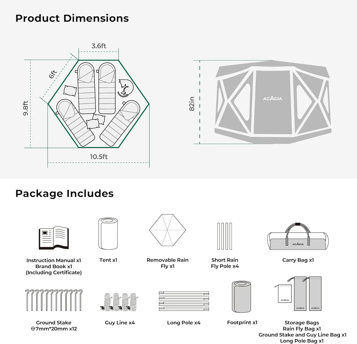 ACACIA Camping Tent, Pop Up Camping Tent with 8 Windows and Footprint, Waterproof Windproof Easy Setup Hub Tent for Family Camping, Hiking and Glamping