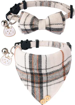 ADOGGYGO Plaid Cat Collar with Bow Bandana - 2 Pack Breakaway Kitten Collar with Removable Bowtie Bell Plaid Cat Bowtie Bandana Collars for Cats Kittens (Beige)