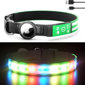Airtag Collar Light Up With Holder - Rechargeable LED Glowing Collar, Adjustable Outdoor IP54 Waterproof for Dogs - Green
