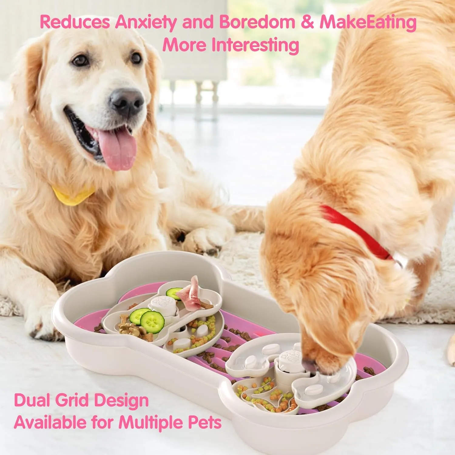 Anti-Choking & Non-Slip Interactive Dog Slow Feeder Bowl - Maze Puzzle Feeder, Bloat Stop, Large Breed Dogs - Pink