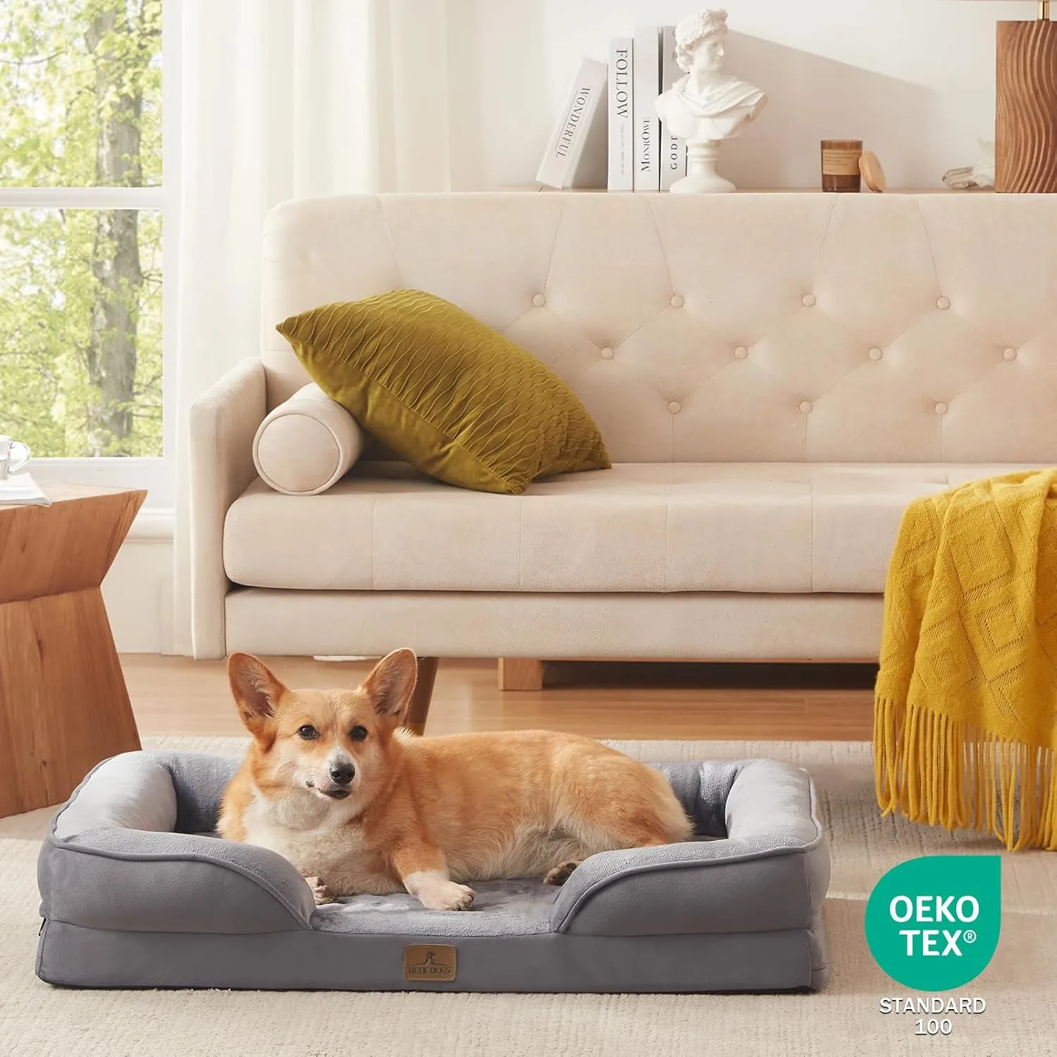 Bedfolks Orthopedic Dog Bed, Waterproof Dog Sofa Bed for Large Dogs, Egg Foam Pet Couch Bed with Removable Washable Cover and Nonslip Bottom, Dark Grey
