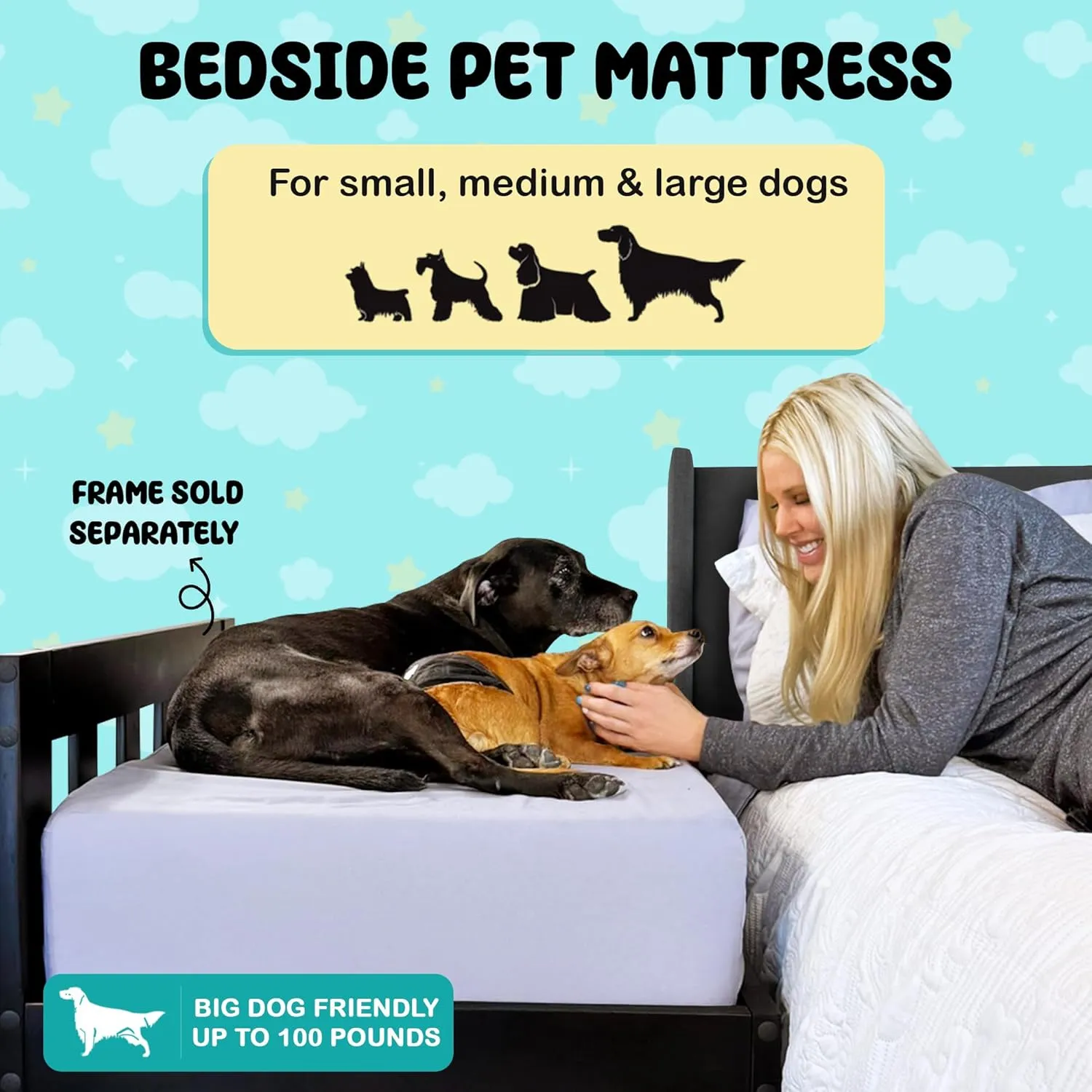 Bedside Dog Bed Mattress ONLY - Extra Thick Orthopedic Memory Foam Pet Bed with Cooling Gel, Waterproof and Protective Cover, Raised Cat & Dog Bassinet - Excludes Human Frame Extension (with Bolster)