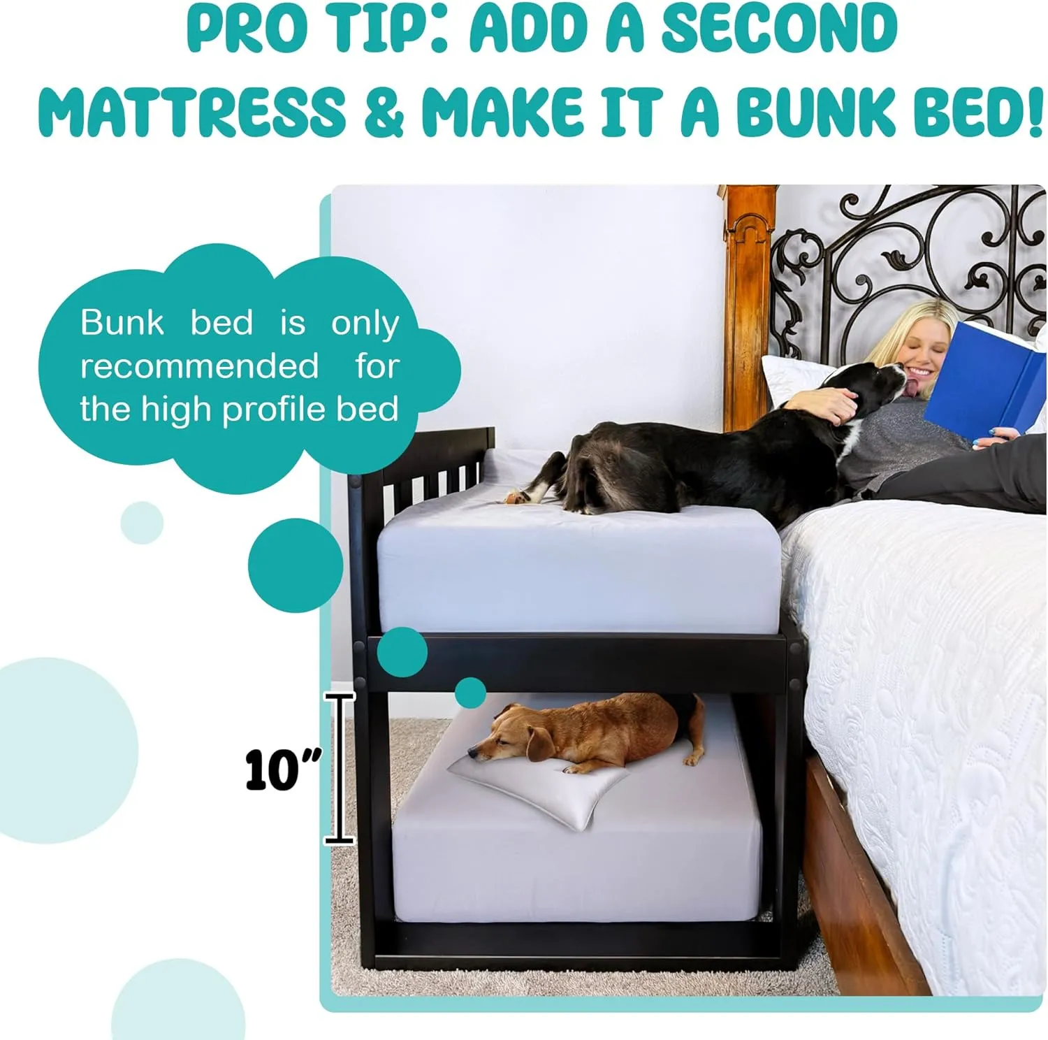Bedside Dog Bed Mattress ONLY - Extra Thick Orthopedic Memory Foam Pet Bed with Cooling Gel, Waterproof and Protective Cover, Raised Cat & Dog Bassinet - Excludes Human Frame Extension (with Bolster)
