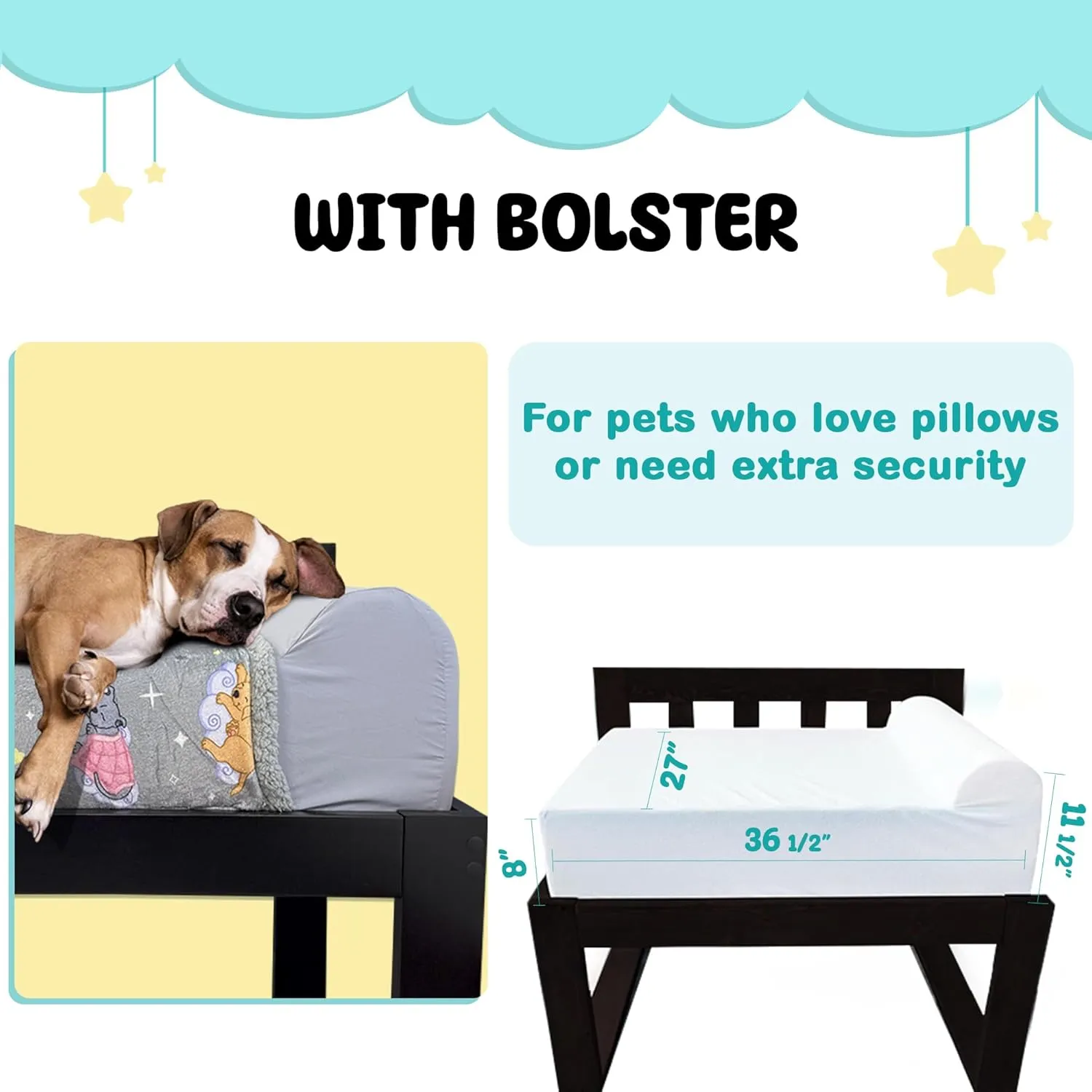 Bedside Dog Bed Mattress ONLY - Extra Thick Orthopedic Memory Foam Pet Bed with Cooling Gel, Waterproof and Protective Cover, Raised Cat & Dog Bassinet - Excludes Human Frame Extension (with Bolster)