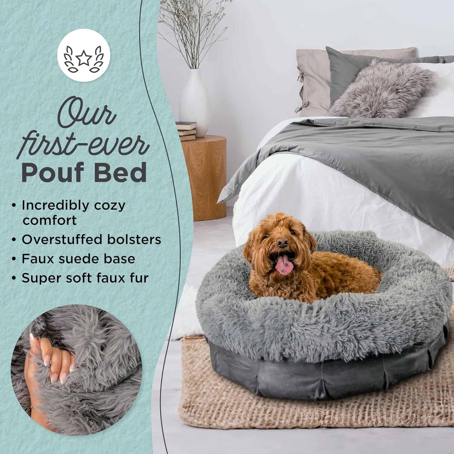 Best Friends by Sheri Ultra Calming Pouf Bed, Orthopedic Round Dog Bed for Joint Support, Faux Fur, Washable Cover, Tan, Medium, 30"x30"