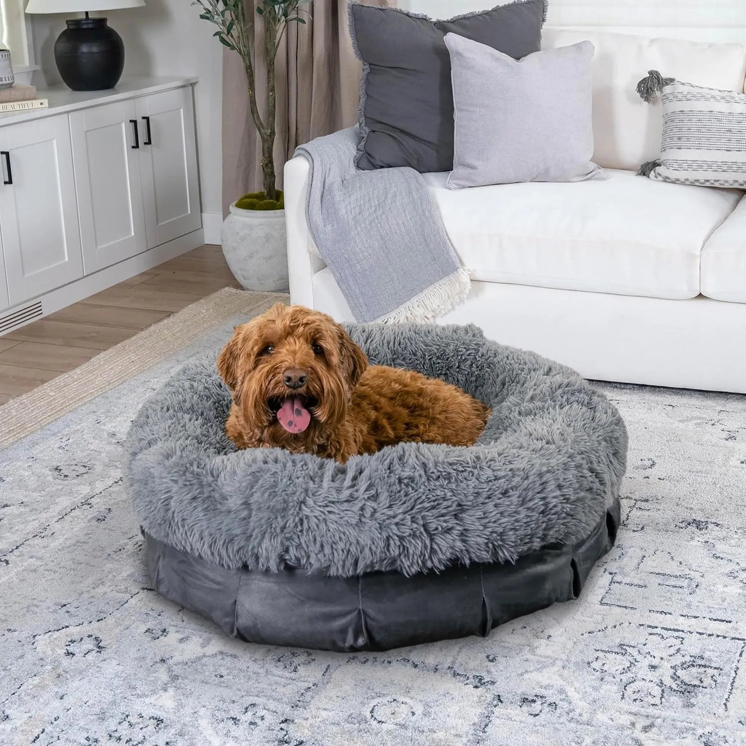 Best Friends by Sheri Ultra Calming Pouf Bed, Orthopedic Round Dog Bed for Joint Support, Faux Fur, Washable Cover, Tan, Medium, 30"x30"