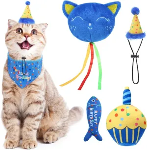 BINGPET Cat Birthday Catnip Toys for Indoor Cats,Cat Birthday Hat,Bandana and Cat Birthday Cake Interactive Plush Kitten Chew Toys,Cute Fish,Balloon Toys with Crinkle Paper and Catnip Inside(Blue)