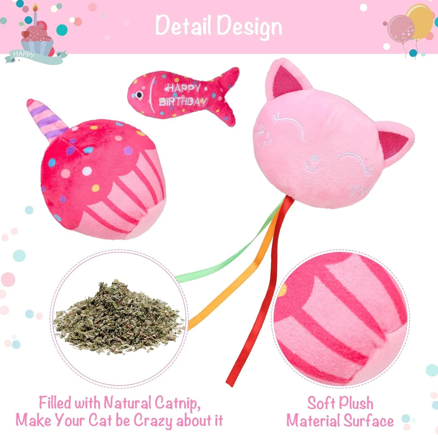 BINGPET Catnip Toys for Indoor Cats, Cat Birthday Hat and Interactive Plush Kitten Chew Toys - Cute Cake, Fish, Balloon Toys with Crinkle Paper and Catnip Inside Pink