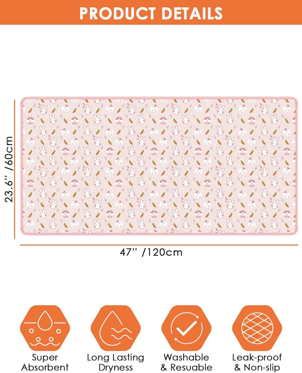 Bissap 3 Packs Guinea Pig Cage Liners, 47''X24'' Washable Guinea Pig Pee Pads Non Slip Reusable Fast and Super Absorbent Bedding for Small Animals Rabbit Hamster Chinchillas Rat - Pink