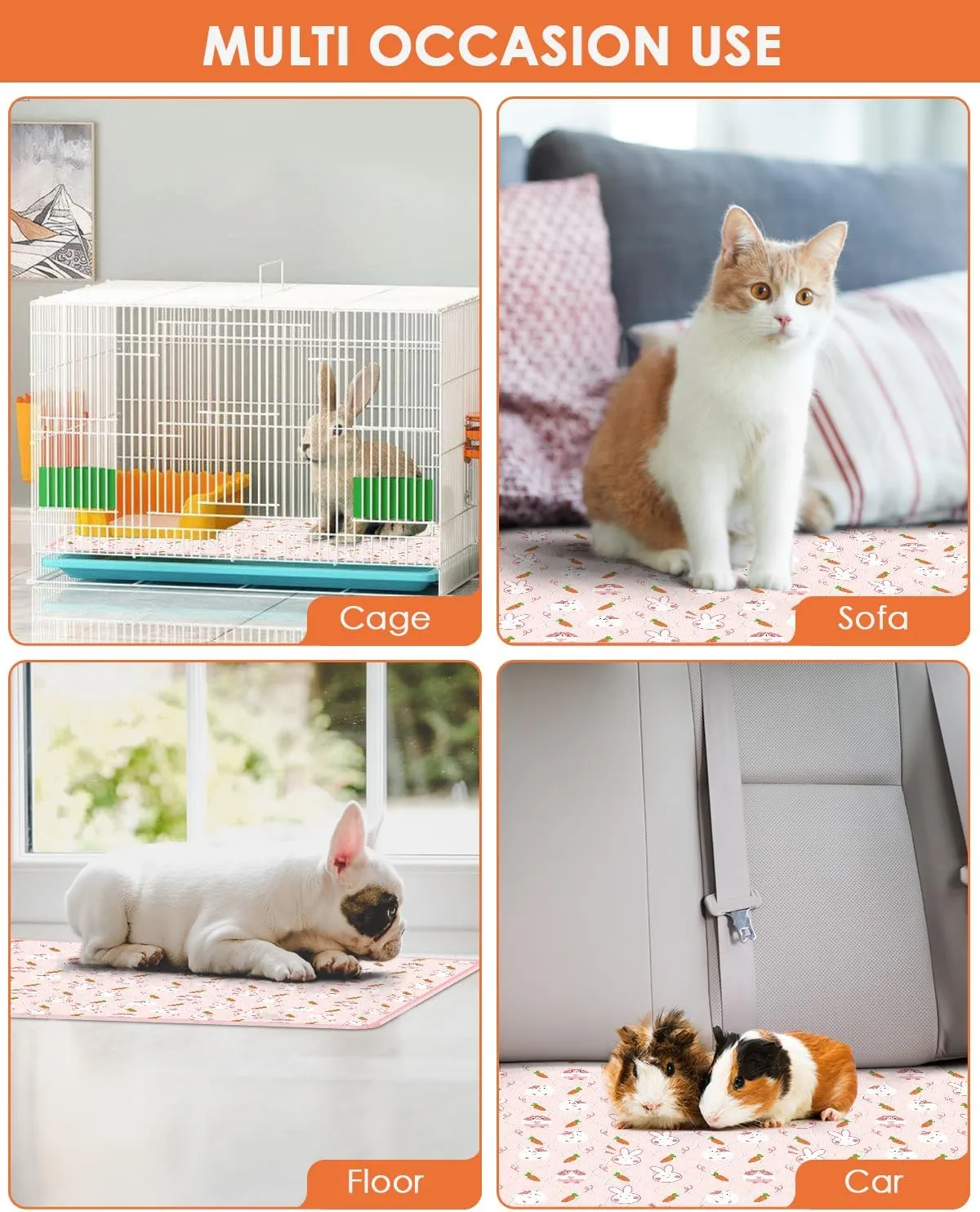Bissap 3 Packs Guinea Pig Cage Liners, 47''X24'' Washable Guinea Pig Pee Pads Non Slip Reusable Fast and Super Absorbent Bedding for Small Animals Rabbit Hamster Chinchillas Rat - Pink