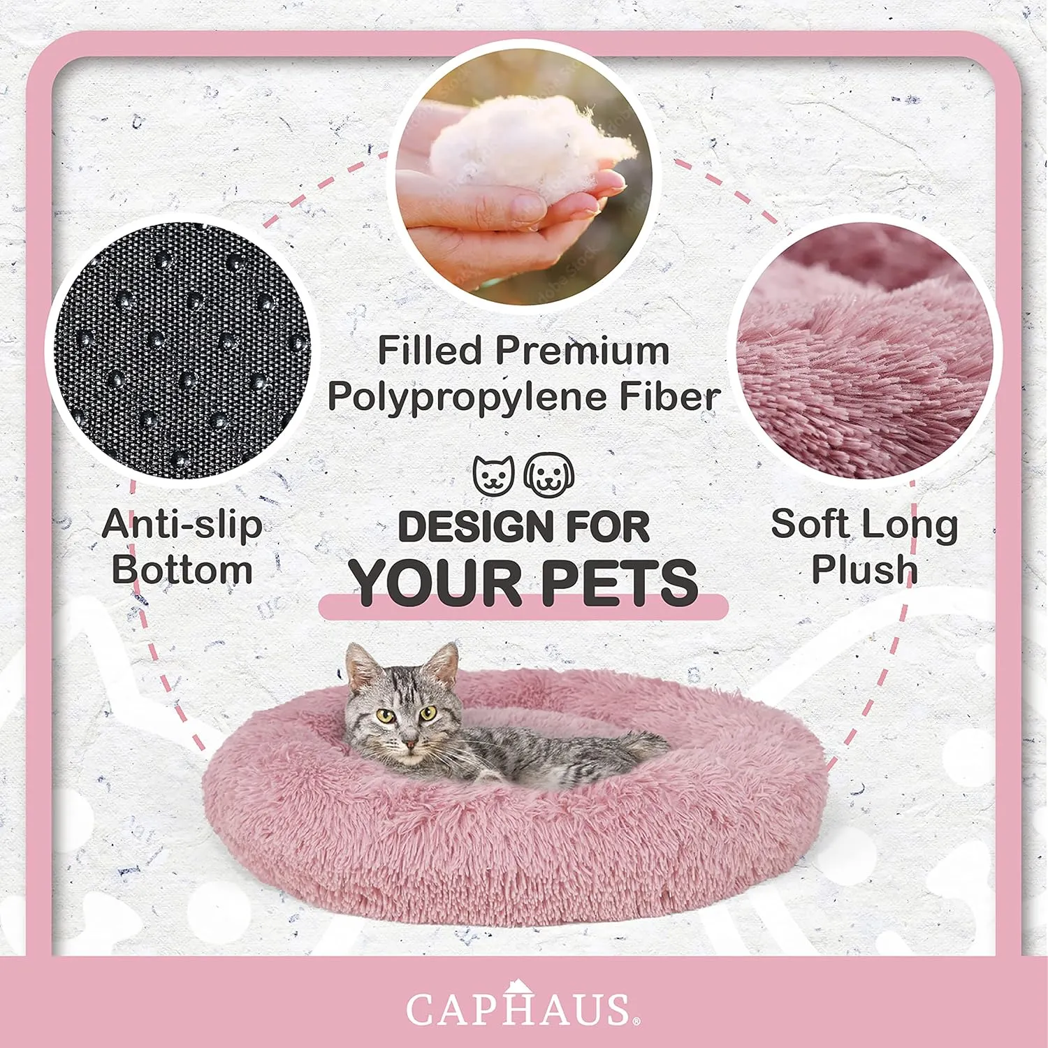 CAPHAUS 24/30 Inch Calming Donut Pet Bed for Small/Medium Cats and Dogs, Anti-Slip Bottom, Washable, Anti-Anxiety Fluffy Round Cat Bed, Indoor Shaggy Cuddler Cotton Candy Brown, Light Gray, Pink Bed