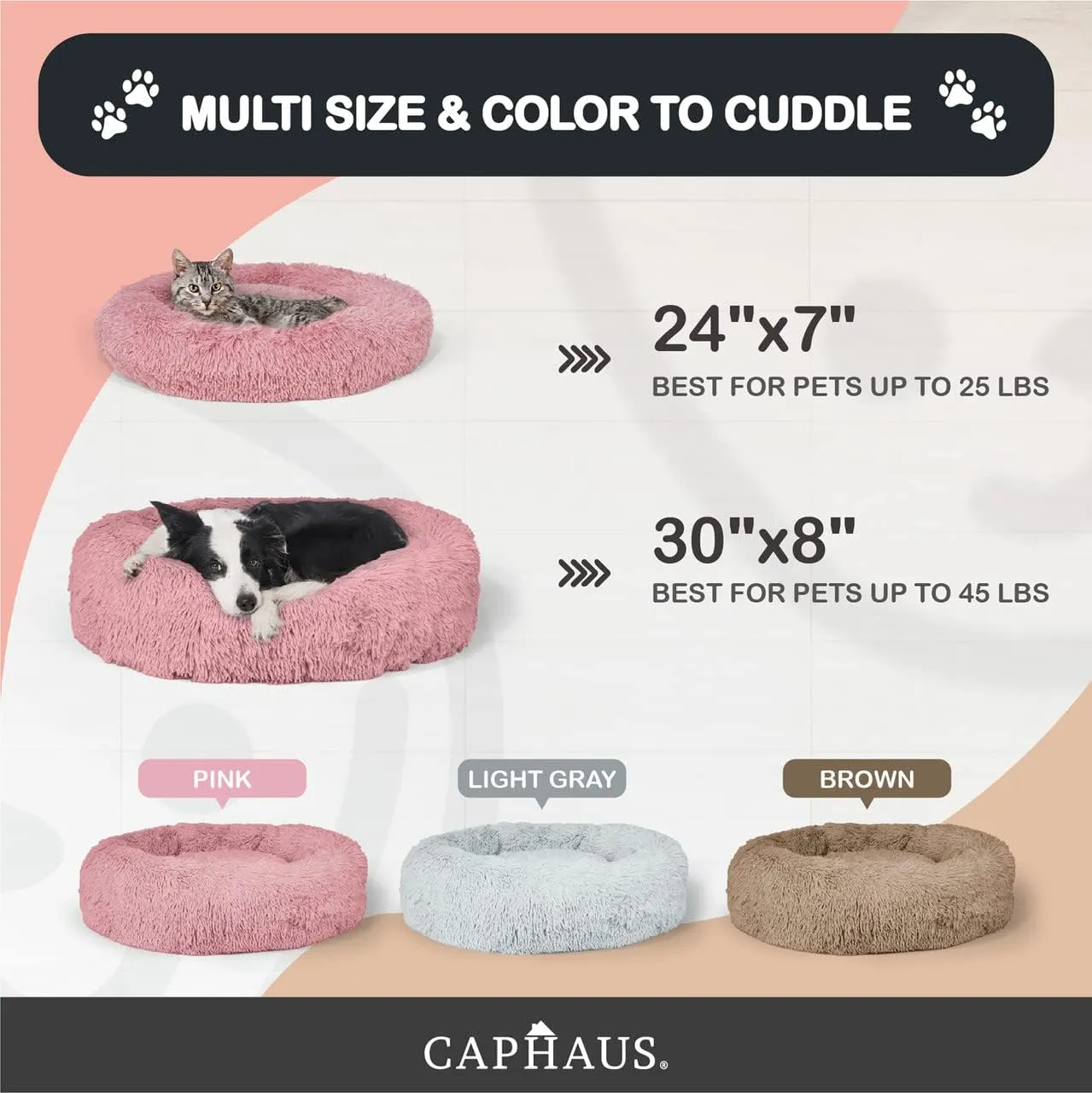 CAPHAUS 24/30 Inch Calming Donut Pet Bed for Small/Medium Cats and Dogs, Anti-Slip Bottom, Washable, Anti-Anxiety Fluffy Round Cat Bed, Indoor Shaggy Cuddler Cotton Candy Brown, Light Gray, Pink Bed