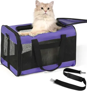 Cat Carrier Airline Approved, Soft-Sided Dog Carrier with Inner Safety Leash, Pet Transport Carrier for Small-Medium Cats Puppies up to 15 Lbs, Collapsible Travel Kitten Carrier Bag -Purple M