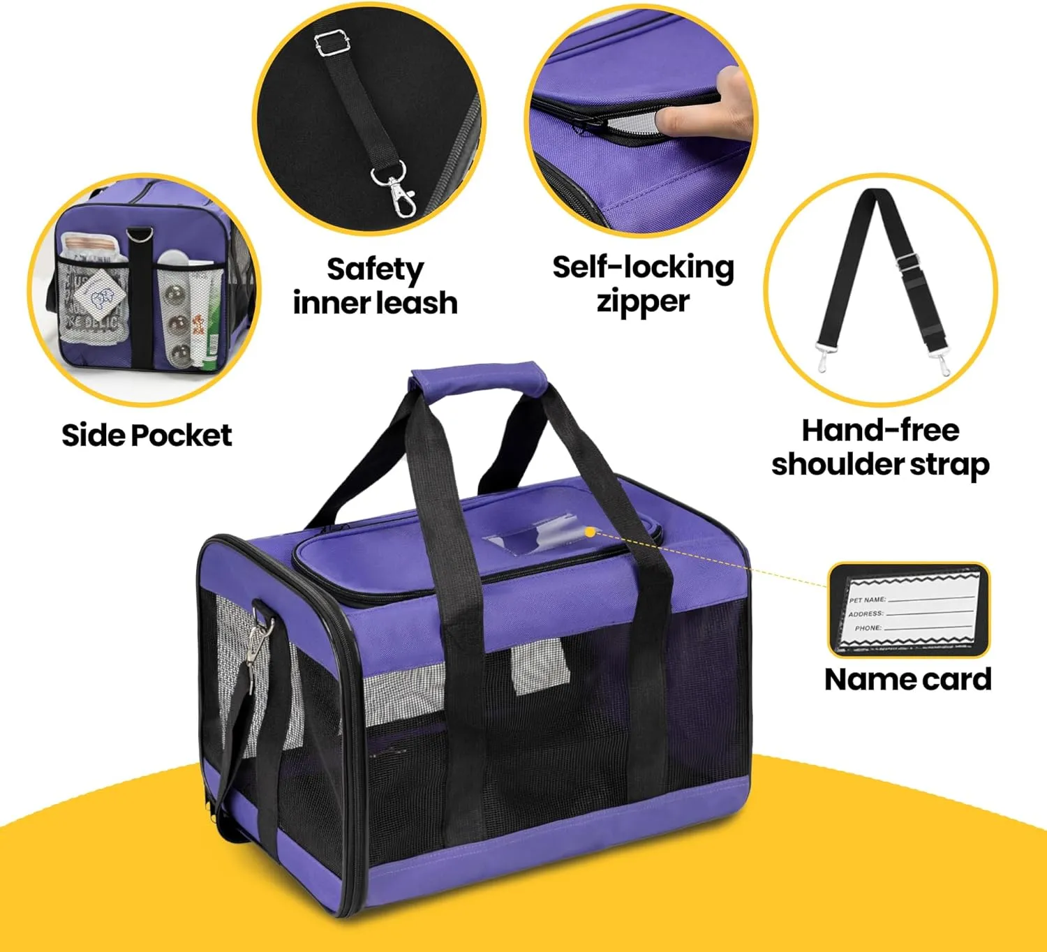 Cat Carrier Airline Approved, Soft-Sided Dog Carrier with Inner Safety Leash, Pet Transport Carrier for Small-Medium Cats Puppies up to 15 Lbs, Collapsible Travel Kitten Carrier Bag -Purple M