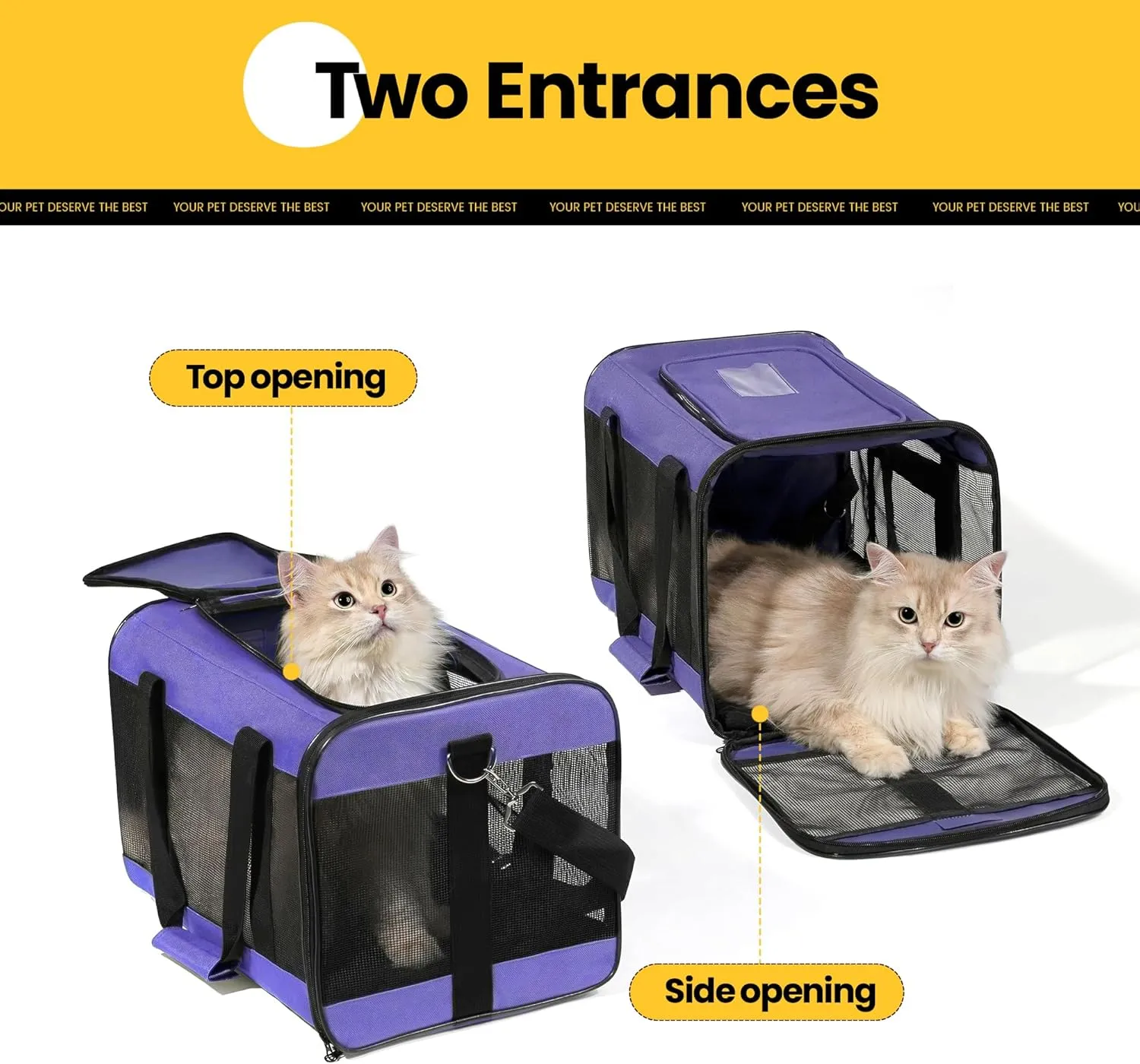 Cat Carrier Airline Approved, Soft-Sided Dog Carrier with Inner Safety Leash, Pet Transport Carrier for Small-Medium Cats Puppies up to 15 Lbs, Collapsible Travel Kitten Carrier Bag -Purple M