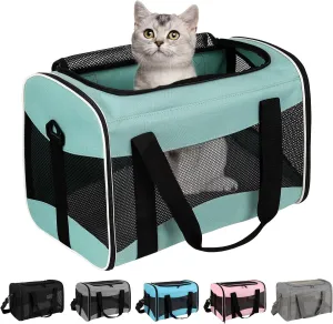Cat Carrying Case Pet Dog Carrier Soft-Sided Bag Airline Approved, Pet Travel Carrier Up to 15 Lbs, Collapsible Cat Carrier Dog Carrier for Medium Cats Small Cats Dogs(17x11x11 Green)