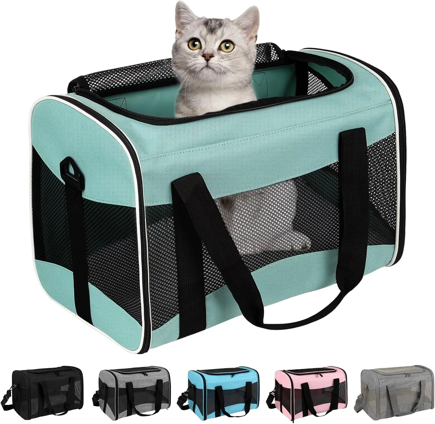 Cat Carrying Case Pet Dog Carrier Soft-Sided Bag Airline Approved, Pet Travel Carrier Up to 15 Lbs, Collapsible Cat Carrier Dog Carrier for Medium Cats Small Cats Dogs(17x11x11 Green)
