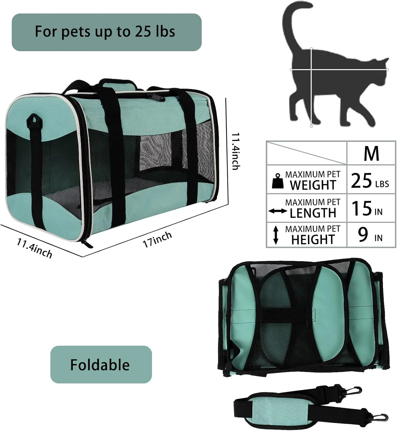 Cat Carrying Case Pet Dog Carrier Soft-Sided Bag Airline Approved, Pet Travel Carrier Up to 15 Lbs, Collapsible Cat Carrier Dog Carrier for Medium Cats Small Cats Dogs(17x11x11 Green)