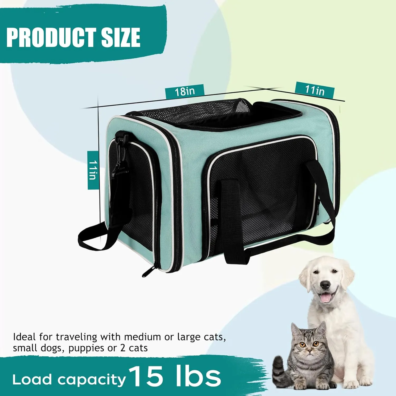 Cat, Dog Carrier for Small Medium Pet Carriers Up to15Lbs, Cat Carrier Soft- Sided Puppy Cat Bag Portable Foldable Airline Approved Carrier Travel (Green 18 * 11 * 11)
