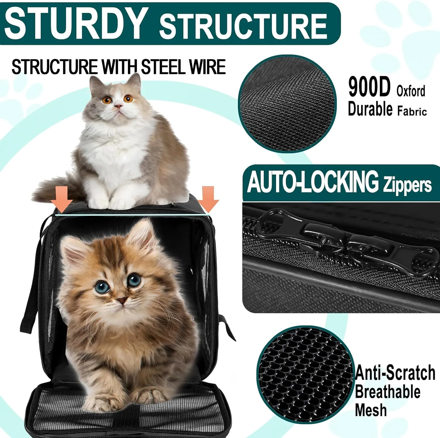 Cat Dog Pet Carrier for Medium to Large Cats (20 lbs) and Small Dogs -Top Loading, Portable & Collapsible Cat Travel Bag Dual Kitten Sturdy Crate for Long Journeys - Holds Up to 15lbs