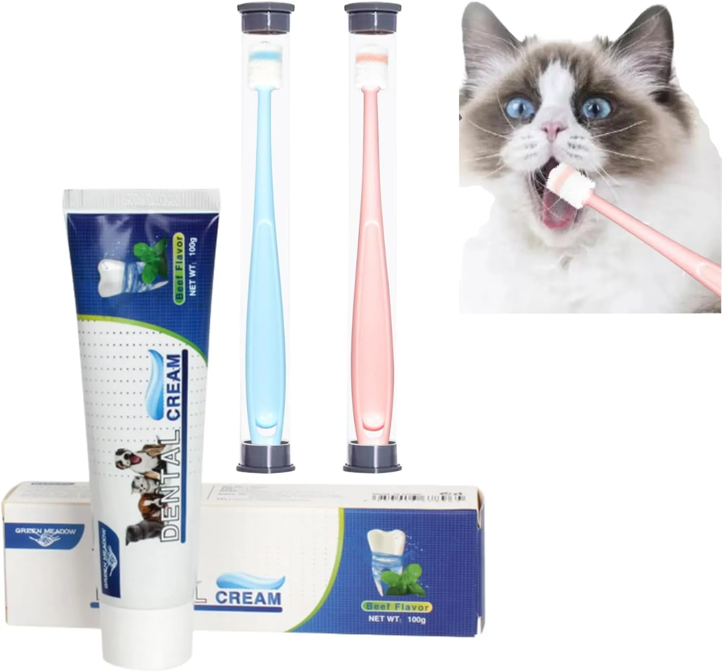 Cat Dog Pet Toothbrush & Toothpaste Kit,360 Degree Pet Toothbrush,Pet Teeth Cleaning kit,Reduces Plaque, Whitens Teeth, Freshens Breath