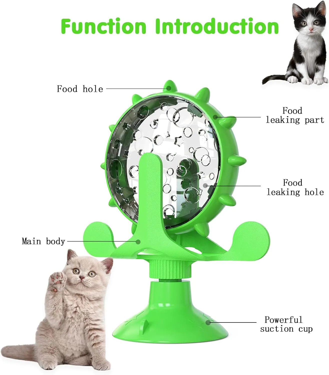 Cat Dog Treat Dispenser Toy - Cat Interactive Feeder Pet Food Toys Feeder 360 Degree Rotating Food Leakage Device Rotate with Strong Suction Cup Money Wheel Shape (Green)
