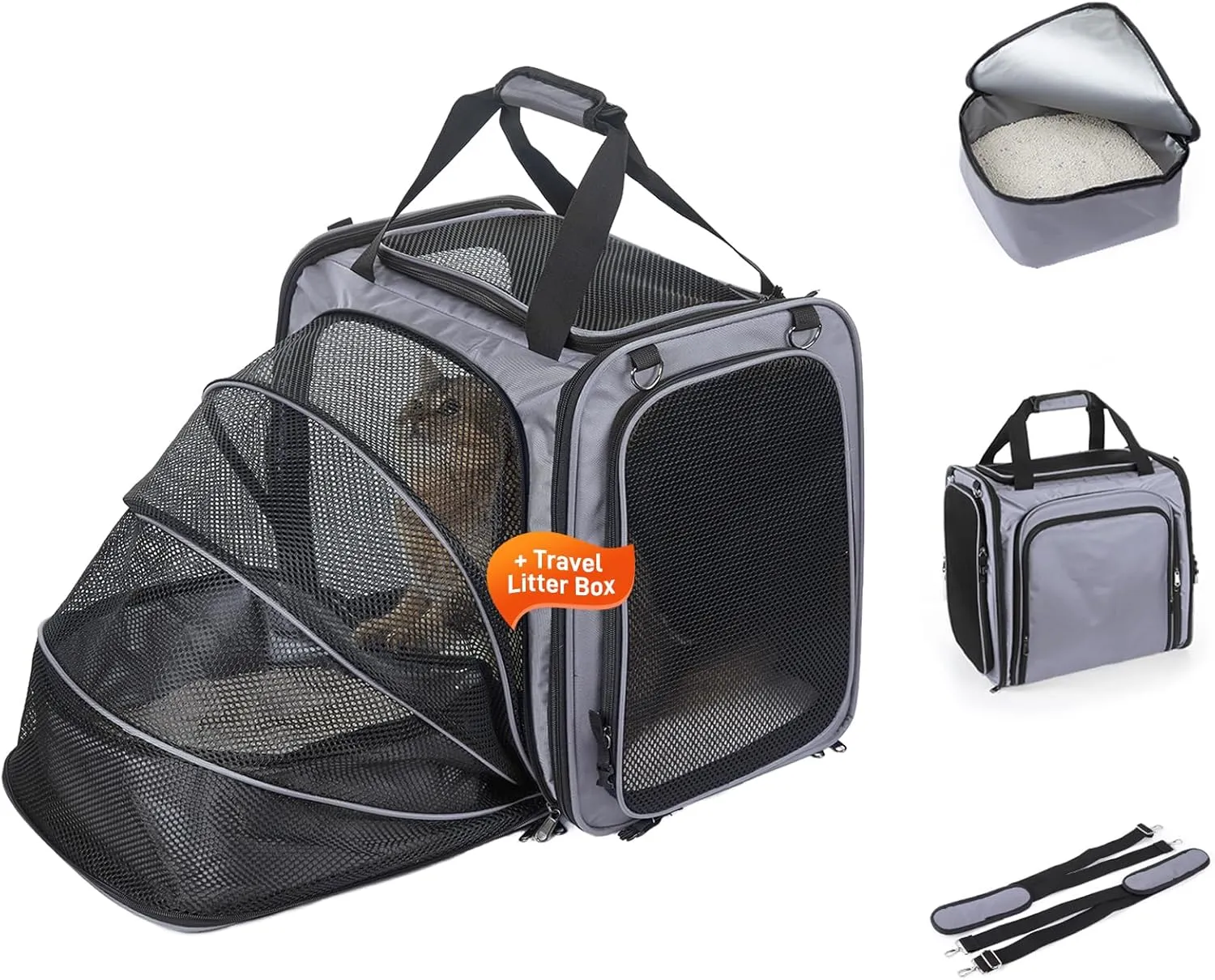 Cat Travel Carrier with Litter Box, Expandable Cat Carrier for Car Travel, Soft Sided Pet Carrier for Cats/Puppies up to 20lbs, Grey