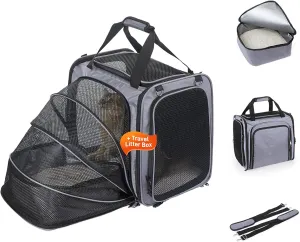 Cat Travel Carrier with Litter Box, Expandable Cat Carrier for Car Travel, Soft Sided Pet Carrier for Cats/Puppies up to 20lbs, Grey