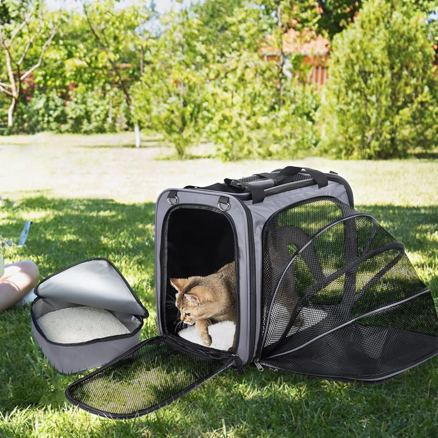 Cat Travel Carrier with Litter Box, Expandable Cat Carrier for Car Travel, Soft Sided Pet Carrier for Cats/Puppies up to 20lbs, Grey