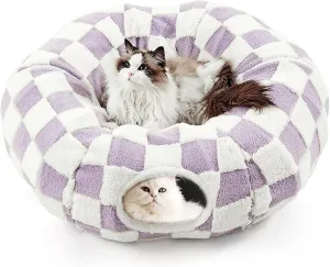 Cat Tunnel Bed for Indoor Cat Donut Tunnel Peekaboo Cat Cave with Washable Cushion Cat Tube Toys for Kitten Puppy Rabbit Brown (Purple)