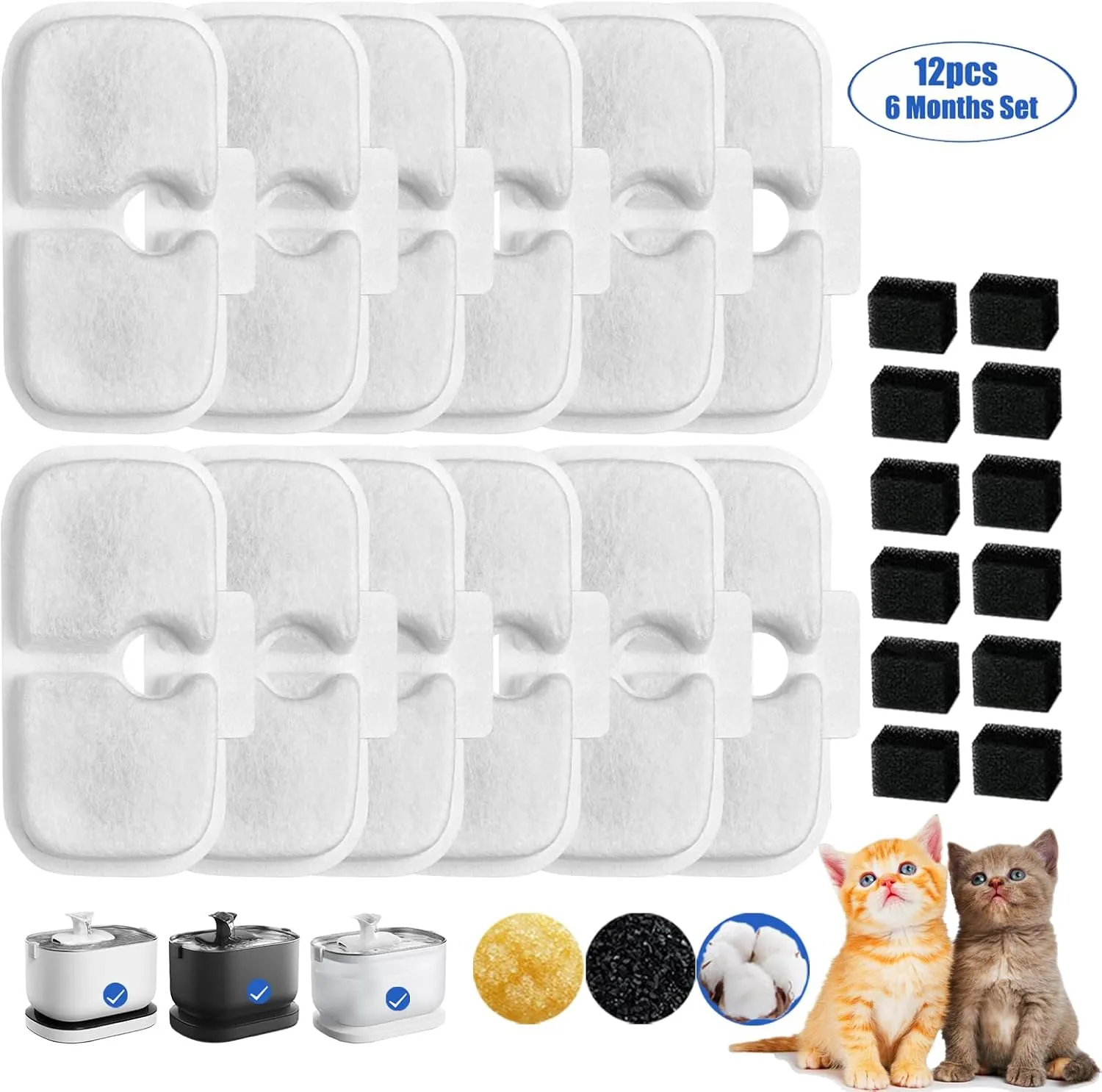 Cat Water Fountain Filter,12 packs Pet Fountain Filter Replacement for Pet Fountain,Filters Replacements fit for Petlibro Dockstream Cat Water Fountain PLWF005/PLWF115/PLWF105