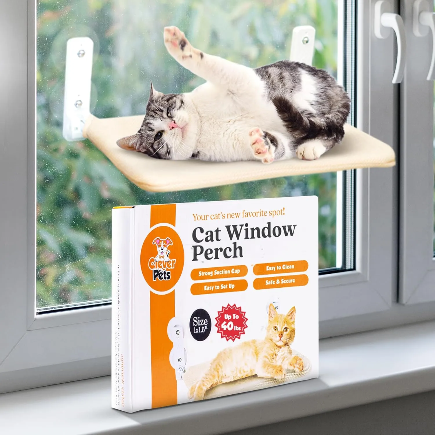 Cat Window Perch  Cordless Foldable Hammock with Hygienic, Claw-Resistant Polyester Mesh, Strong Suction Cups, Space-Saving Shelf and Stylish Lounger for Napping  Holds Up to 40 lbs