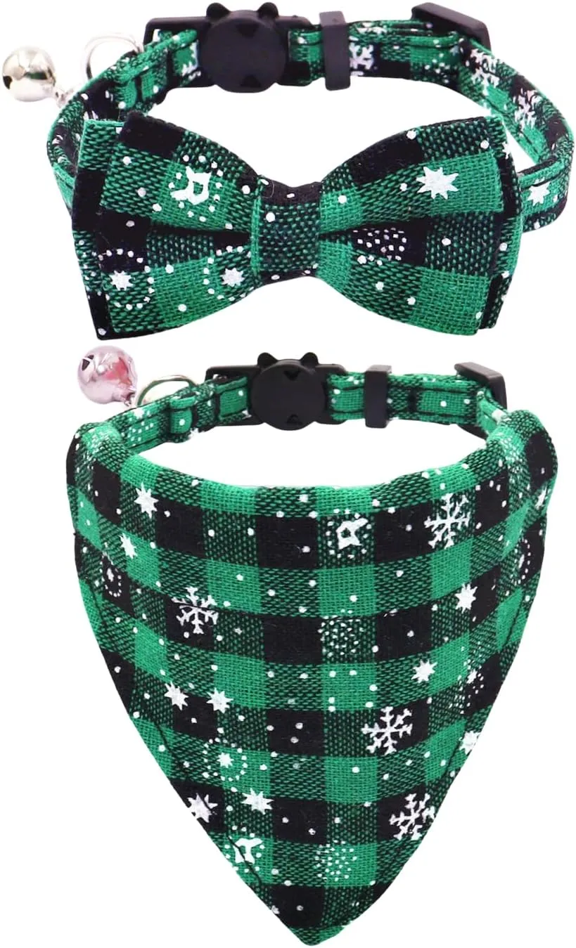 Christmas Cat Collars Breakaway with Bow Tie and Bandana, 2 Pack Red Green Plaid Christmas Kitten Collar with Bell, Removable Bowtie Bandana Cat Collar for Cats Kittens (S, Green)