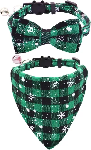 Christmas Cat Collars Breakaway with Bow Tie and Bandana, 2 Pack Red Green Plaid Christmas Kitten Collar with Bell, Removable Bowtie Bandana Cat Collar for Cats Kittens (S, Green)