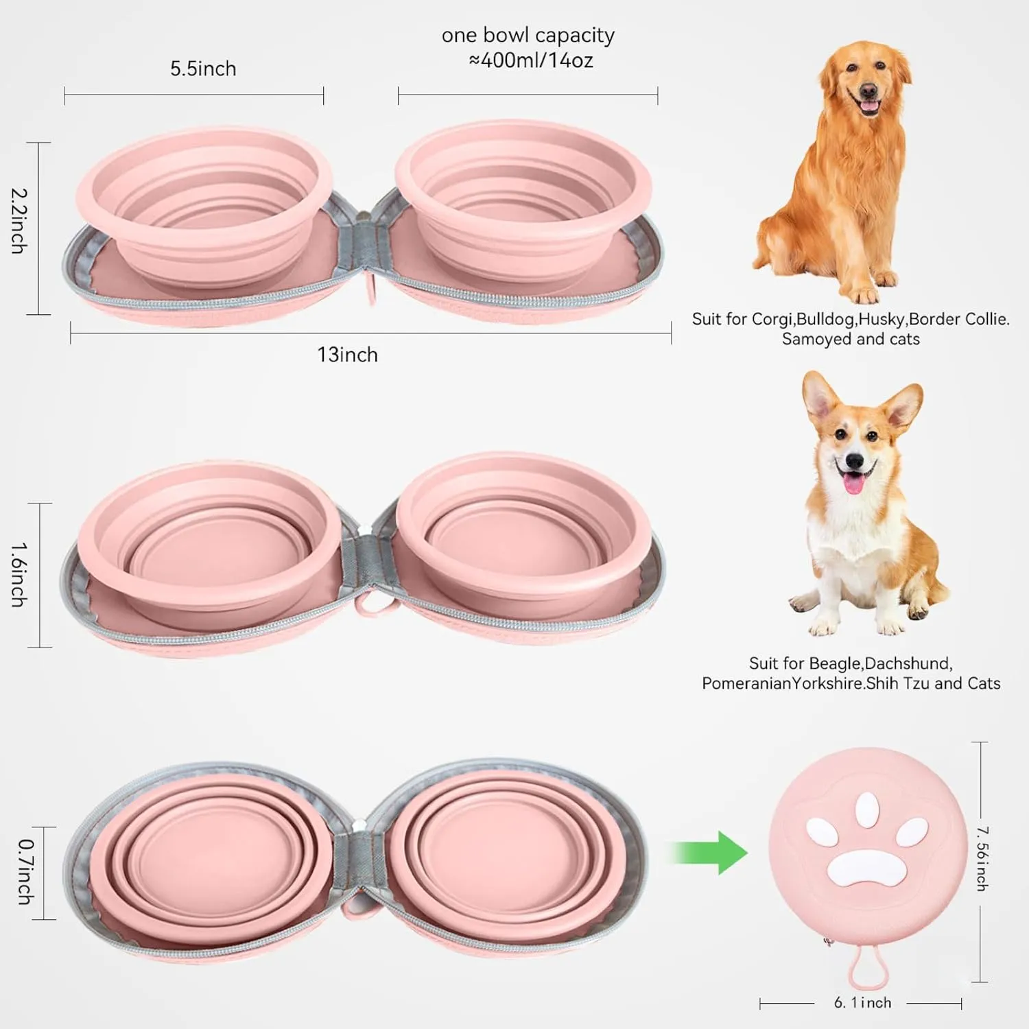 Collapsible Dog Bowls, Leakproof Double Silicone Food & Water Bowl for Travel, Camping & Hiking Portable Feeding Supplies for Dogs and Cats (Pink)