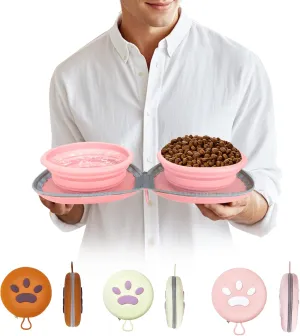 Collapsible Dog Bowls, Leakproof Double Silicone Food & Water Bowl for Travel, Camping & Hiking Portable Feeding Supplies for Dogs and Cats (Pink)