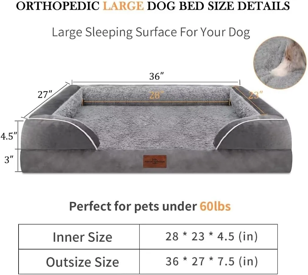 Comfort Expression Large Dog Beds Waterproof Orthopedic Foam Dog Beds for Large Dogs Sofa Comfy Pet Bed with Washable Removable Cover & Non-Slip Bottom(Grey)