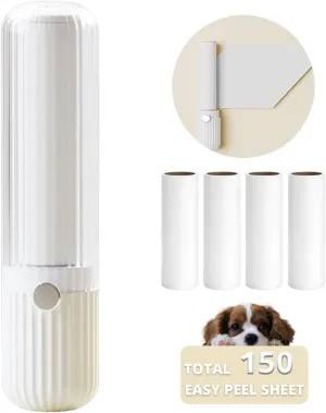 Compact Lint Roller with 150 Sheets - Portable Pet Hair Remover for Clothes, Furniture, and Travel Essentials Household Use, 1 Handle 5 Roller Refills (White)