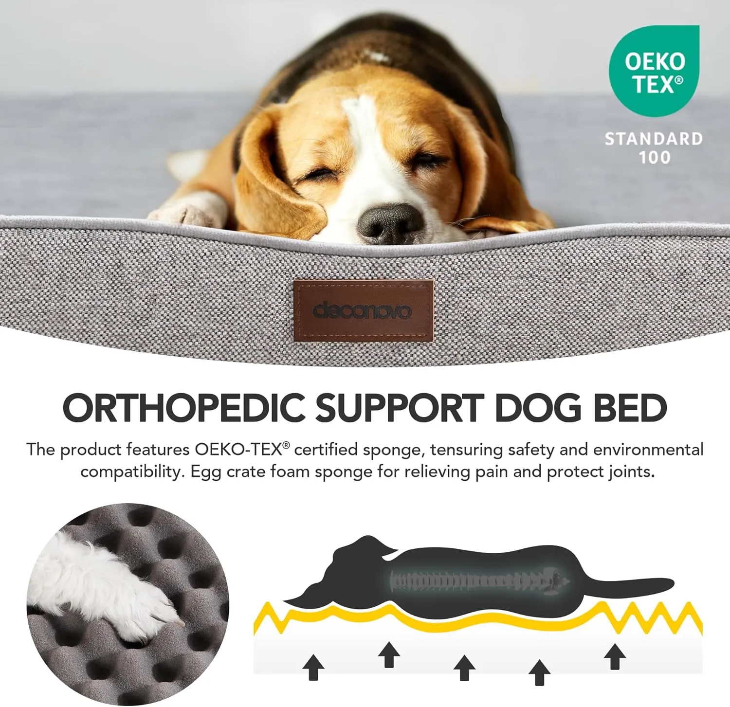 Deconovo Orthopedic Dog BedSupportive, Washable, Non-Slip Pet Bed for Medium & Large DogsMemory Foam Cushion with Removable Cover, 44x32x3 InchKhaki