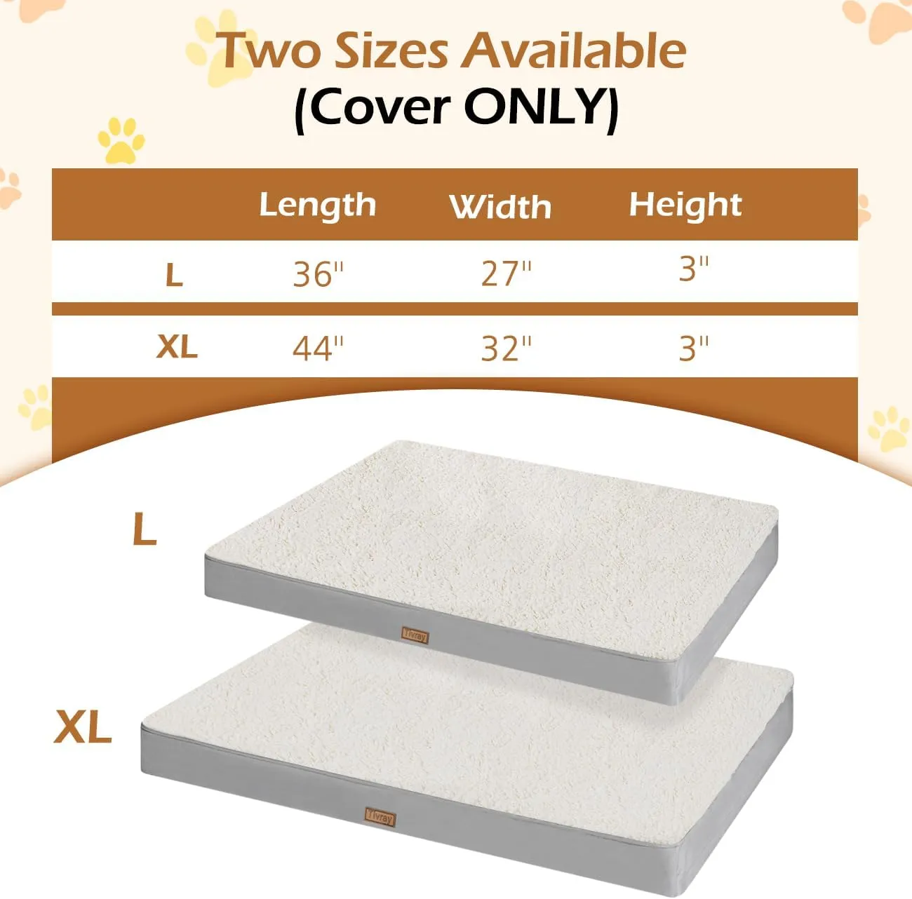 Dog Bed Cover, Washable Replacement Large Dog Bed Sheet with 3-Sided Continuous Zipper, Waterproof Liner, Soft Plush, Pet Mattress Fluffy Protector, 36x27x3 inch - L, Cover Only White