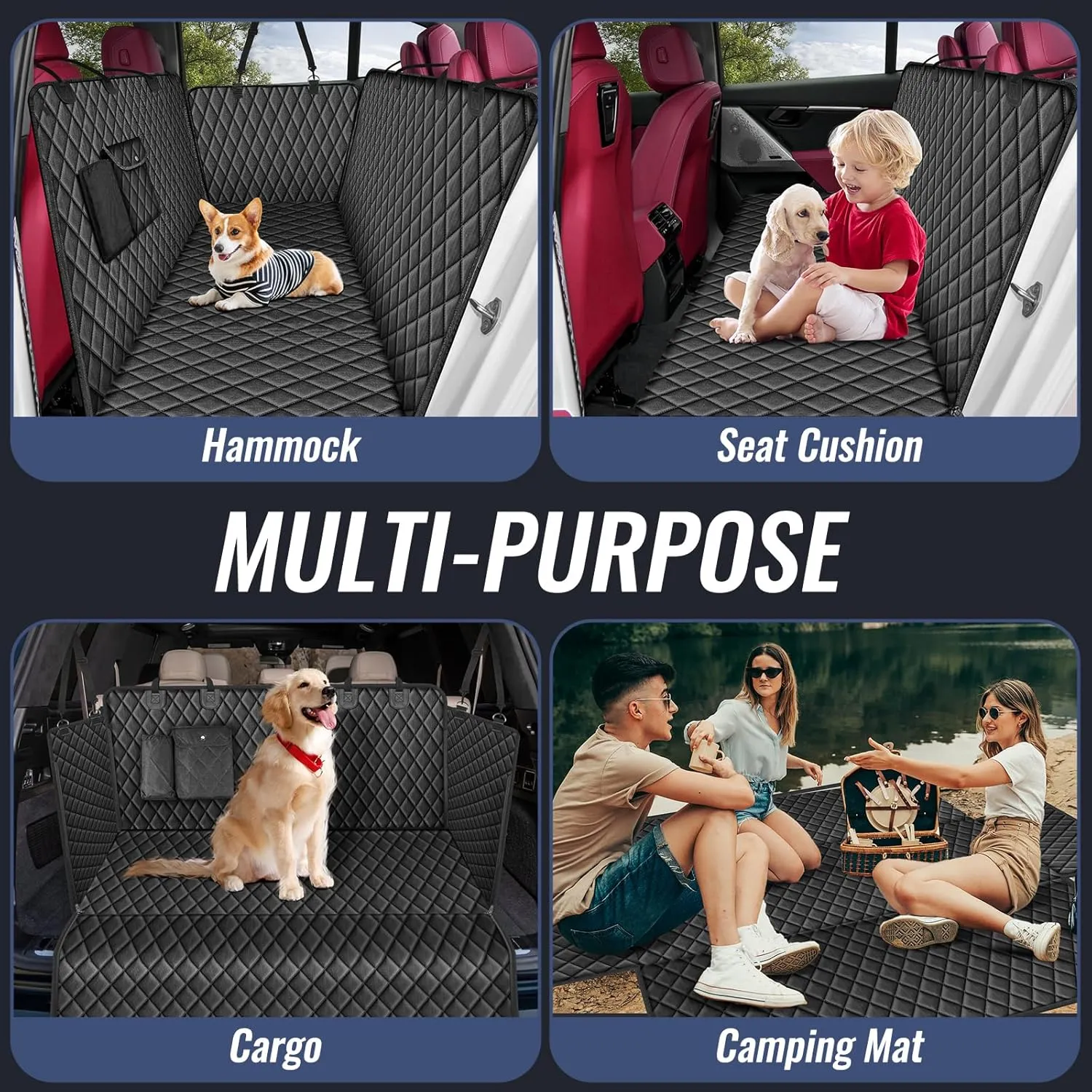 Dog Car Seat Cover for Back Seat  Waterproof Nonslip Hammock with Dog Seat Belt, Universal Fit Pet Seat Protector for Cars, SUVs, Trucks, Durable, Easy Install, Machine Washable