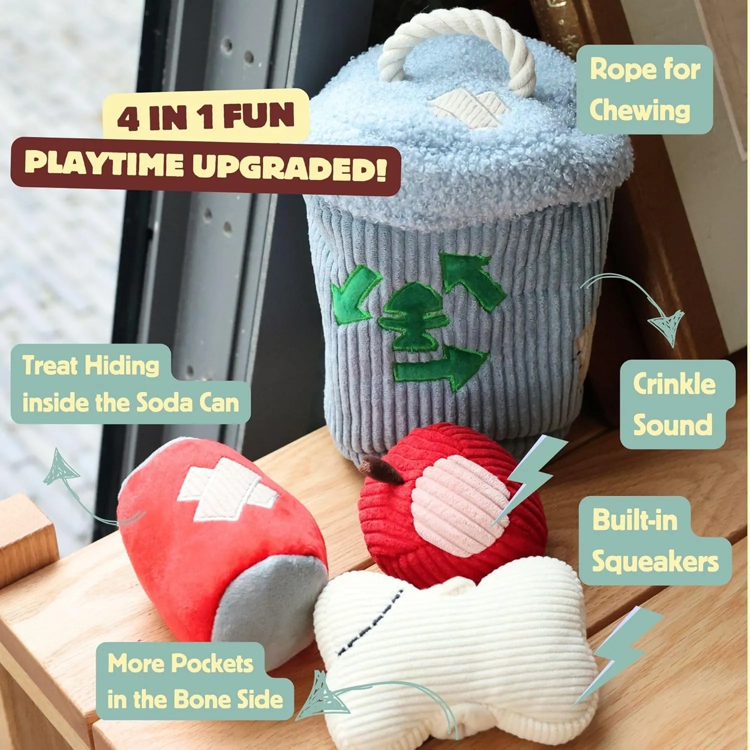 Dog Puzzle Toy, Interactive Snuffle Trash Can Toy for Small Medium Large Dogs  Hide & Seek Treat Dispenser with Squeaky & Crinkle Sounds, 4-in-1 Chew Toy, Durable & Washable