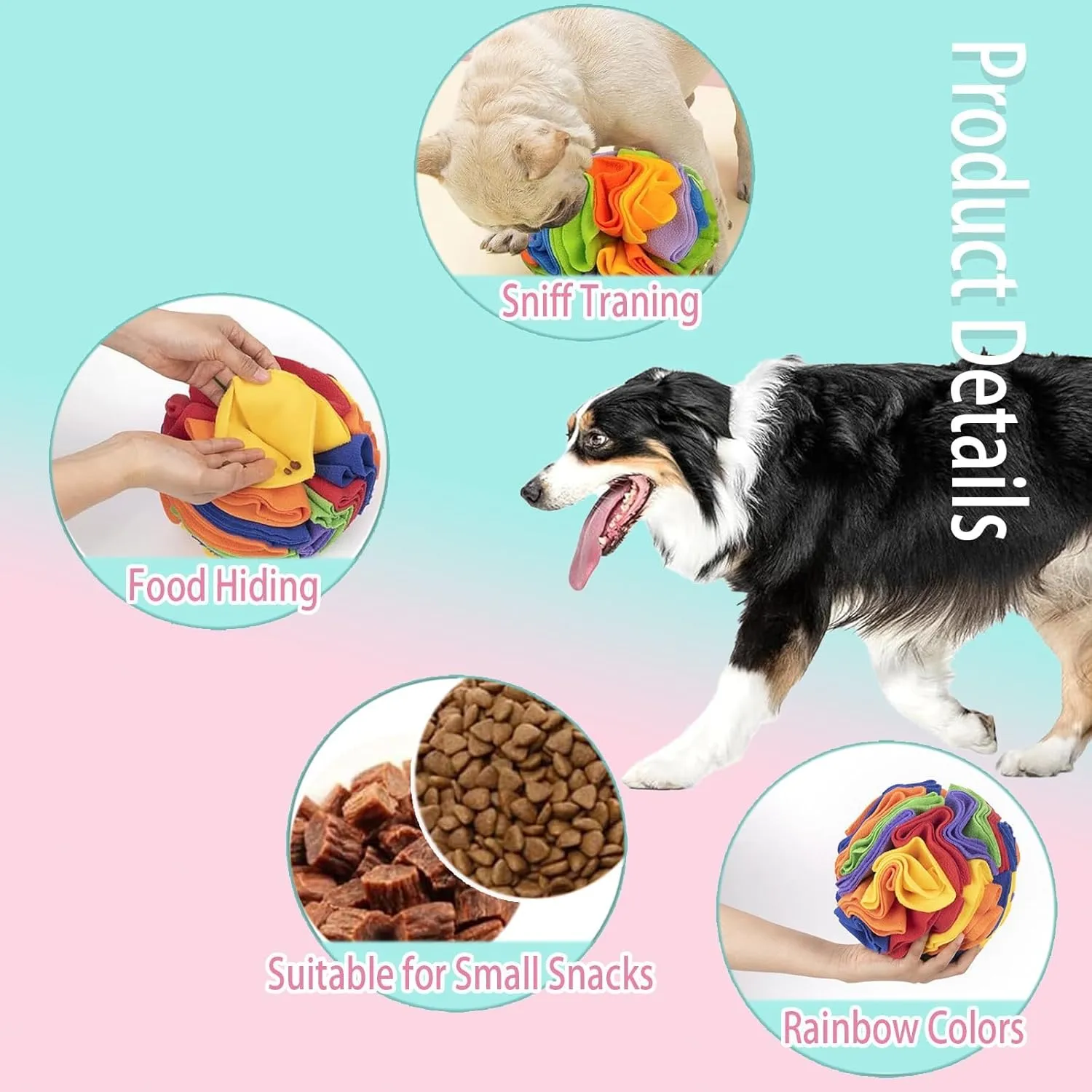 Dog Snuffle Ball, Dog Treat Toys Interactive Sniff Ball, Dog Enrichment Snuffle Ball Dog Puzzle Feeder for Exercise,Sniff Training& Slow Feeding (Rainbow, 15cm)
