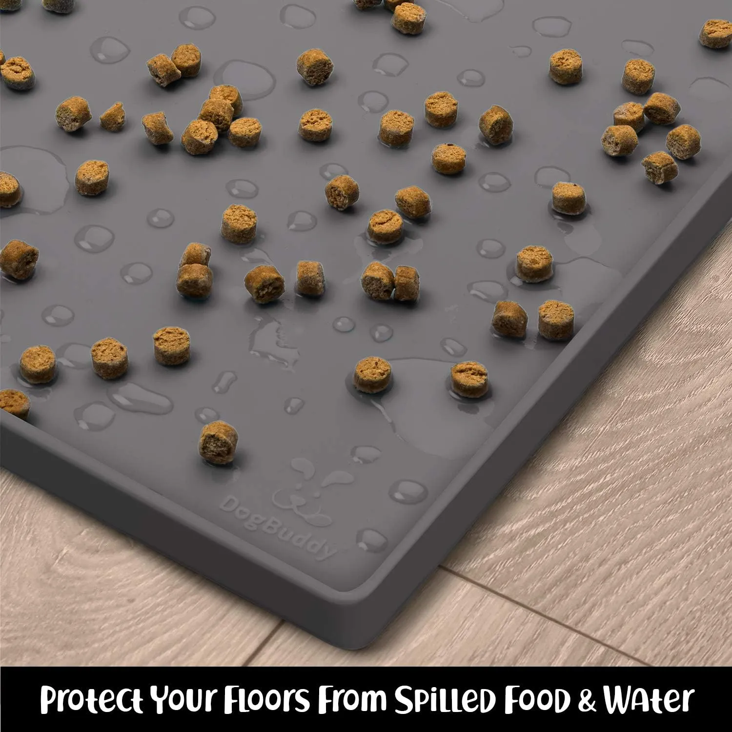 DogBuddy Dog Food Mat  Waterproof Dog Bowl Mat for Food and Water, Silicone Pet Feeding Mats for Floors, Non-Slip Placemat with High Edges for Dogs Bowls, Puppy Essentials (L: 24" x 16", Shadow)