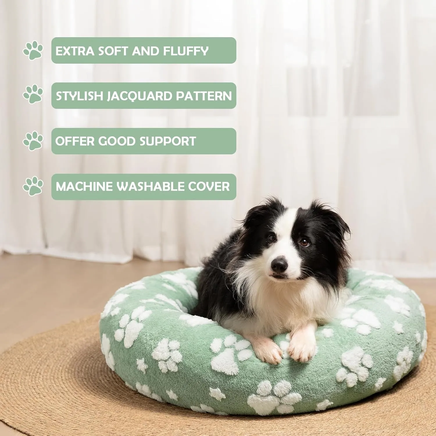 Donut Dog Beds for Small Dogs, Calming Round Cat Beds for Indoor Cats, Cute 3D Textured Paw Pet Bed with Removable Washable Cover and Anti-Slip BottomGreen23"